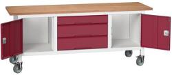 bott Mobil műhelyasztal Bott Verso Storage, 200 x 60 x 83 cm, multiplex, 3 fiók, 2 szekrény, szürke-piros