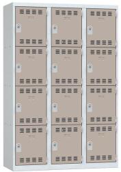 Vinco hegesztett öltözőszekrény, 3 oszlopban 12 rekesszel, 400 mm, hengerzárral, szürke/barna