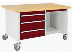 bott Mobil műhelyasztal Bott Cubio Tároló, 84 x 150 x 75 cm, 3 fiók, polcok, multiplex, szürke-piros
