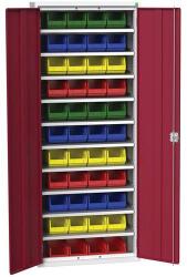 bott Verso szekrény dobozokkal, 200 x 80 x 35 cm, 10 polc, 44 doboz, szürke-piros