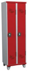 Acial hegesztett öltözőszekrény, 2 rekeszes, 300 mm, lábakon, forgóretesszel, szürke/piros
