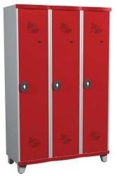 Acial hegesztett öltözőszekrény válaszfallal, 3 rekeszes, 400 mm, lábakon, forgóretesszel, szürke/piros