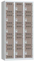 Vinco hegesztett öltözőszekrény, 3 oszlopban 15 rekesszel, 300 mm, hengerzárral, szürke/barna