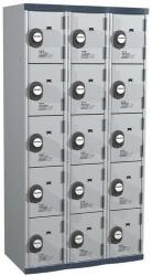 Acial hegesztett öltözőszekrény, 3 oszlopban 15 rekesszel, 300 mm, számkódos zárral, szürke/szürke