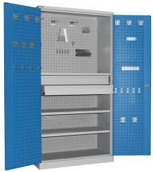 Sofame fém műhelyszekrény, 195 x 100 x 45 cm, szürke/kék, 2 polccal + fém burkolattal, 2 fiókkal