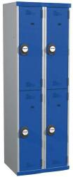 Acial hegesztett öltözőszekrény, 2 oszlopban 4 rekesszel, 300 mm, számkódos zárral, szürke/kék
