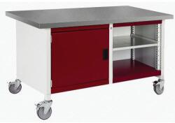 bott Cubio Storage mobil műhelyasztal, 84 x 150 x 75 cm, szekrény, nyitott polccal, linóleum, szürke-piros