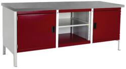 bott Cubio Tároló műhelyasztal, 84 x 200 x 75 cm, 2 szekrény, nyitott tér polccal, linóleum, szürke-piros