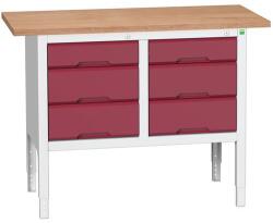 bott Verso műhelyasztal, állítható magasságú, 83-93 x 125 x 60 cm, multiplex, 6 fiókos, szürke-piros