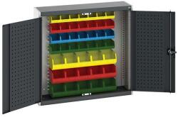 bott Cubio akasztós szekrény dobozokkal és perforált panelekkel szerszámokhoz, 100 x 105 x 32, 5 cm, 43 doboz, szürke-antracit