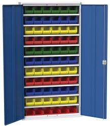 bott Verso szekrény dobozokkal, 200 x 105 x 35 cm, 10 polc, 66 doboz, szürke-kék