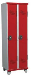 Acial hegesztett öltözőszekrény, 2 rekeszes, 300 mm, lábakon, hengerzárral, szürke/piros
