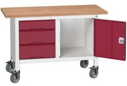 bott Verso Storage mobil műhelyasztal, 125 x 60 x 83 cm, multiplex, 3 fiók, 1 szekrény, szürke-piros