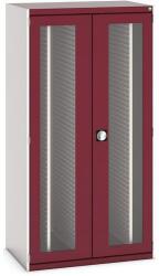 bott Cubio műhelyszekrény kihúzható perforált panelekkel, 200 x 105 x 65 cm, átlátszó ajtó, szürke-piros