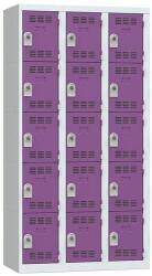 Vinco hegesztett öltözőszekrény, 3 oszlopban 15 rekesszel, 300 mm, forgóretesszel, szürke/lila