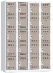 Vinco hegesztett öltözőszekrény, 4 oszlopban 20 rekesszel, 300 mm, forgóretesszel, szürke/barna