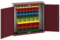 bott Cubio akasztós szekrény dobozokkal és perforált panelekkel szerszámokhoz, 100 x 105 x 32, 5 cm, 43 doboz, szürke-piros