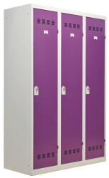 Vinco hegesztett öltözőszekrény válaszfallal, 3 rekeszes, 400 mm, forgóretesszel, szürke/lila