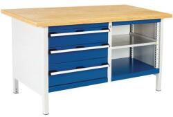 bott Cubio Tároló műhelyasztal, 84 x 150 x 75 cm, 3 fiók, nyitott tér polccal, multiplex, szürke-kék