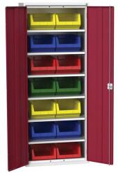 bott Verso szekrény dobozokkal, 200 x 80 x 55 cm, 6 polc, 14 doboz, szürke-piros