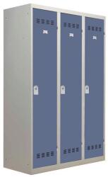 Vinco hegesztett öltözőszekrény válaszfallal, 3 rekeszes, 400 mm, hengerzárral, szürke/kék
