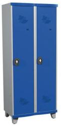 Acial hegesztett öltözőszekrény válaszfallal, 2 rekeszes, 400 mm, lábakon, forgóretesszel, szürke/kék