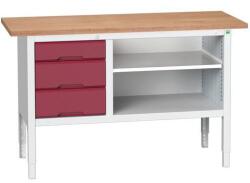 bott Verso műhelyasztal, állítható magasságú, 83-93 x 150 x 60 cm, multiplex, 3 fiók, 1 polc, szürke-piros - manutan - 628 688 Ft