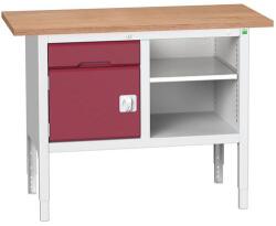 bott Verso műhelyasztal, állítható magasságú, 83-93 x 125 x 60 cm, multiplex, 1 fiók, 1 szekrény, 1 polc, szürke-piros