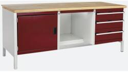 bott Műhelyasztal Bott Cubio Tároló, 84 x 200 x 75 cm, 1 szekrény, 3 fiók, polc, multiplex, szürke-piros