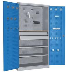 Sofame fém műhelyszekrény, 195 x 100 x 45 cm, szürke/kék, 2 polccal + fa burkolattal, 2 fiókkal