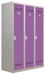 Vinco hegesztett öltözőszekrény válaszfallal, 3 rekeszes, 400 mm, hengerzárral, szürke/lila