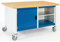 bott Cubio Storage mobil műhelyasztal, 84 x 150 x 75 cm, szekrény, nyitott polccal, linóleum, szürke-kék