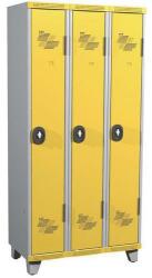 Acial hegesztett öltözőszekrény, 3 rekeszes, 300 mm, lábakon, forgóretesszel, szürke/sárga