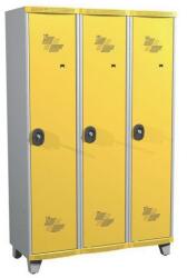 Acial hegesztett öltözőszekrény válaszfallal, 3 rekeszes, 400 mm, lábakon, hengerzárral, szürke/sárga