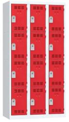 Vinco hegesztett öltözőszekrény, 3 oszlopban 12 rekesszel, 300 mm, hengerzárral, szürke/piros
