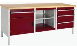 bott Műhelyasztal Bott Cubio Tároló, 84 x 200 x 75 cm, 1 szekrény, 4 fiók, nyitott tér polccal, multiplex, szürke-piros