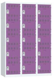 Vinco hegesztett öltözőszekrény, 3 oszlopban 15 rekesszel, 400 mm, hengerzárral, szürke/lila
