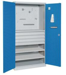 Sofame fém műhelyszekrény, 195 x 100 x 45 cm, szürke/kék, 2 polccal + fém burkolattal, 4 fiókkal