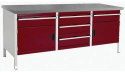 bott Műhelyasztal Bott Cubio Tároló, 84 x 200 x 75 cm, 2 szekrény, 5 fiók, linóleum, szürke-piros