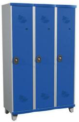 Acial hegesztett öltözőszekrény válaszfallal, 3 rekeszes, 400 mm, lábakon, hengerzárral, szürke/kék