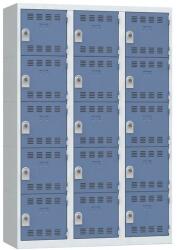 Vinco hegesztett öltözőszekrény, 3 oszlopban 15 rekesszel, 400 mm, forgóretesszel, szürke/kék