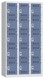 Vinco hegesztett öltözőszekrény, 3 oszlopban 15 rekesszel, 300 mm, forgóretesszel, szürke/kék