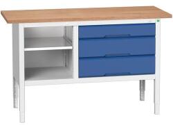 bott Verso műhelyasztal, állítható magasságú, 83-93 x 150 x 60 cm, multiplex, 3 fiók, 1 polc, szürke-kék - manutan - 630 415 Ft