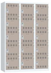 Vinco hegesztett öltözőszekrény, 3 oszlopban 15 rekesszel, 400 mm, hengerzárral, szürke/barna