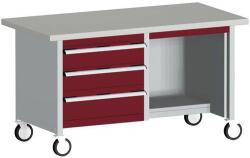 bott Mobil műhelyasztal Bott Cubio Tároló, 84 x 150 x 75 cm, 3 fiók, polcok, linóleum, szürke-piros