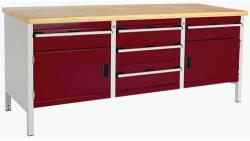 bott Műhelyasztal Bott Cubio Tároló, 84 x 200 x 75 cm, 2 szekrény, 5 fiók, multiplex, szürke-piros