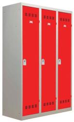 Vinco hegesztett öltözőszekrény válaszfallal, 3 rekeszes, 400 mm, hengerzárral, szürke/piros