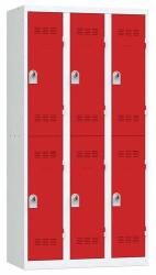 Vinco hegesztett öltözőszekrény, 3 oszlopban 6 rekesszel, 300 mm, forgóretesszel, szürke/piros