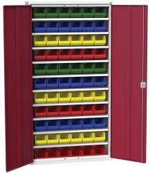 bott Verso szekrény dobozokkal, 200 x 105 x 35 cm, 10 polc, 66 doboz, szürke-piros