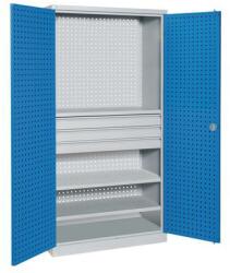 Sofame fém műhelyszekrény, 195 x 100 x 45 cm, szürke/kék, 2 polccal + fém burkolattal, 3 fiókkal